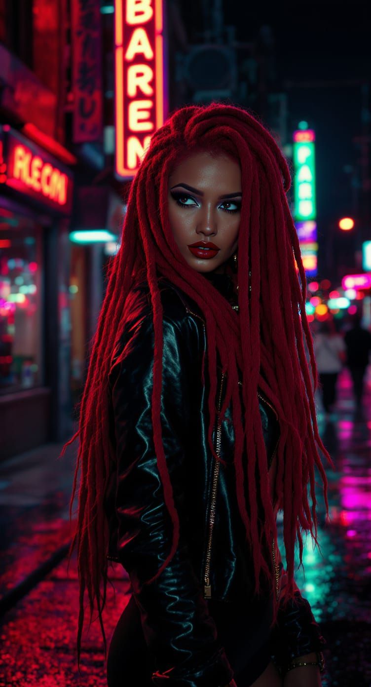 Femme Fatale with Scarlet Dreadlocks in Cyberpunk Style