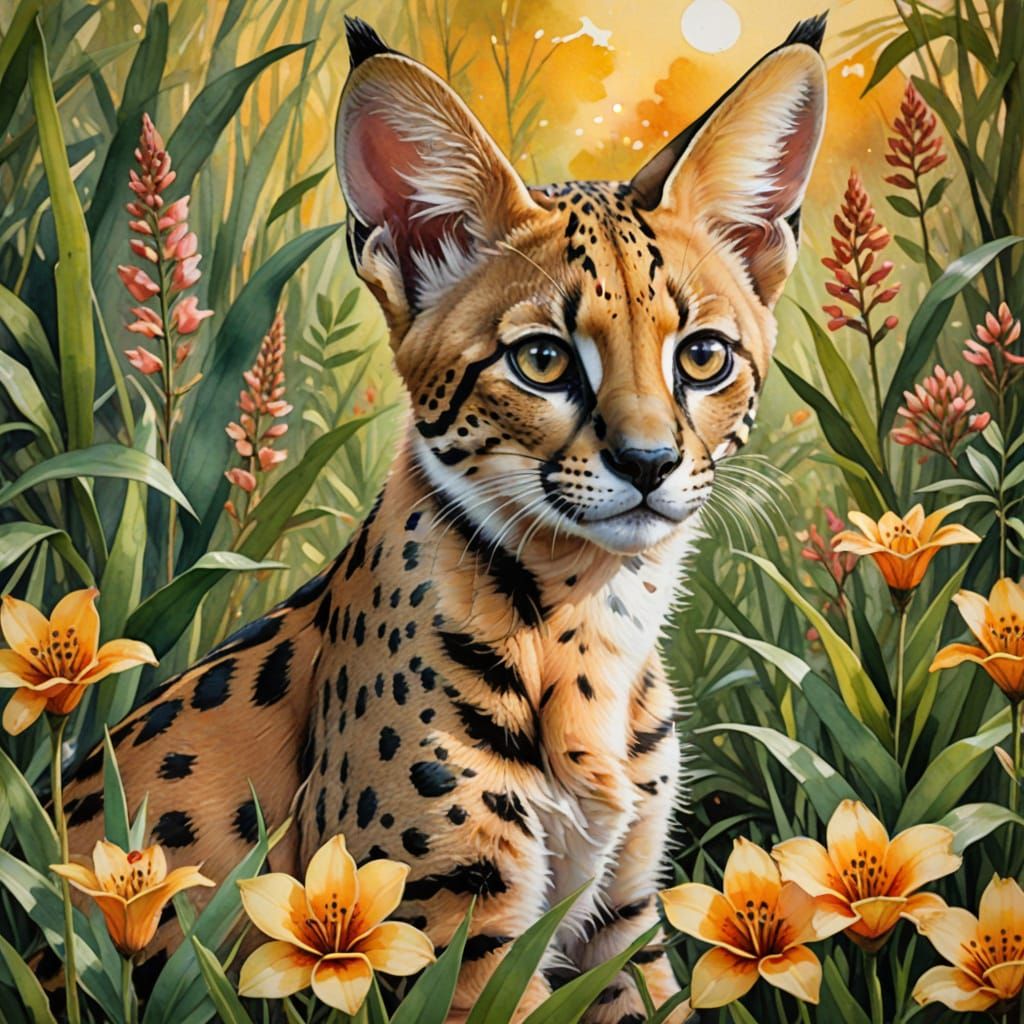 Surreal Watercolor Serval Cub in a Whimsical Jungle