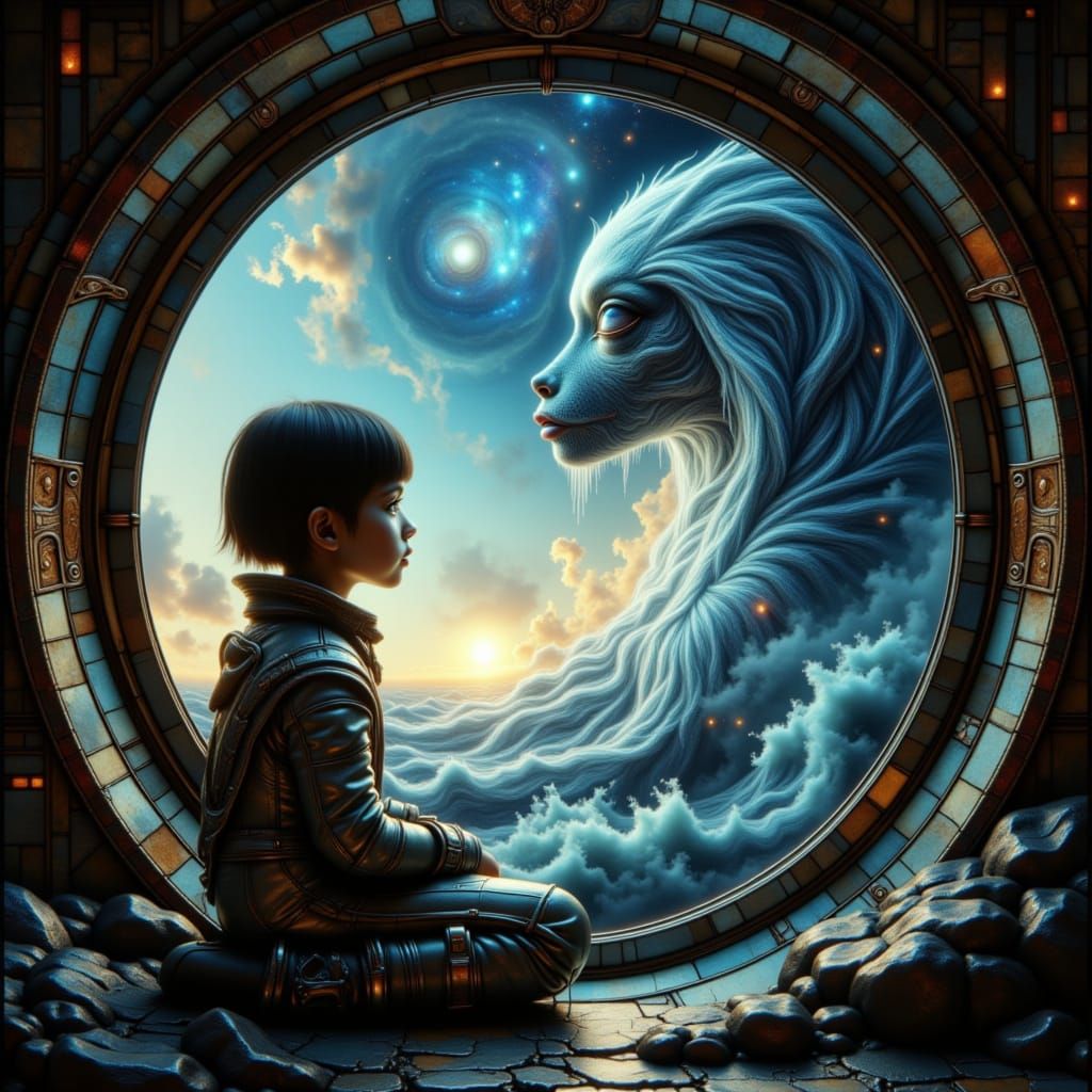 Child in Futuristic Spacesuit Gazes at Nebula