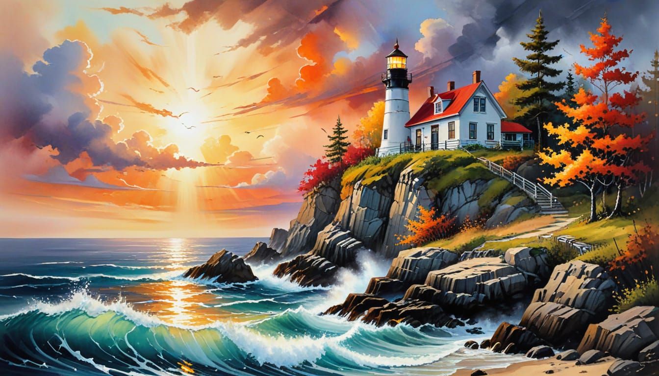 Whimsical Lighthouse Scene in Vibrant Splash Art