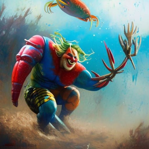 Surreal Crab Patriot Clown Aquaman Hybrid in Splash Art