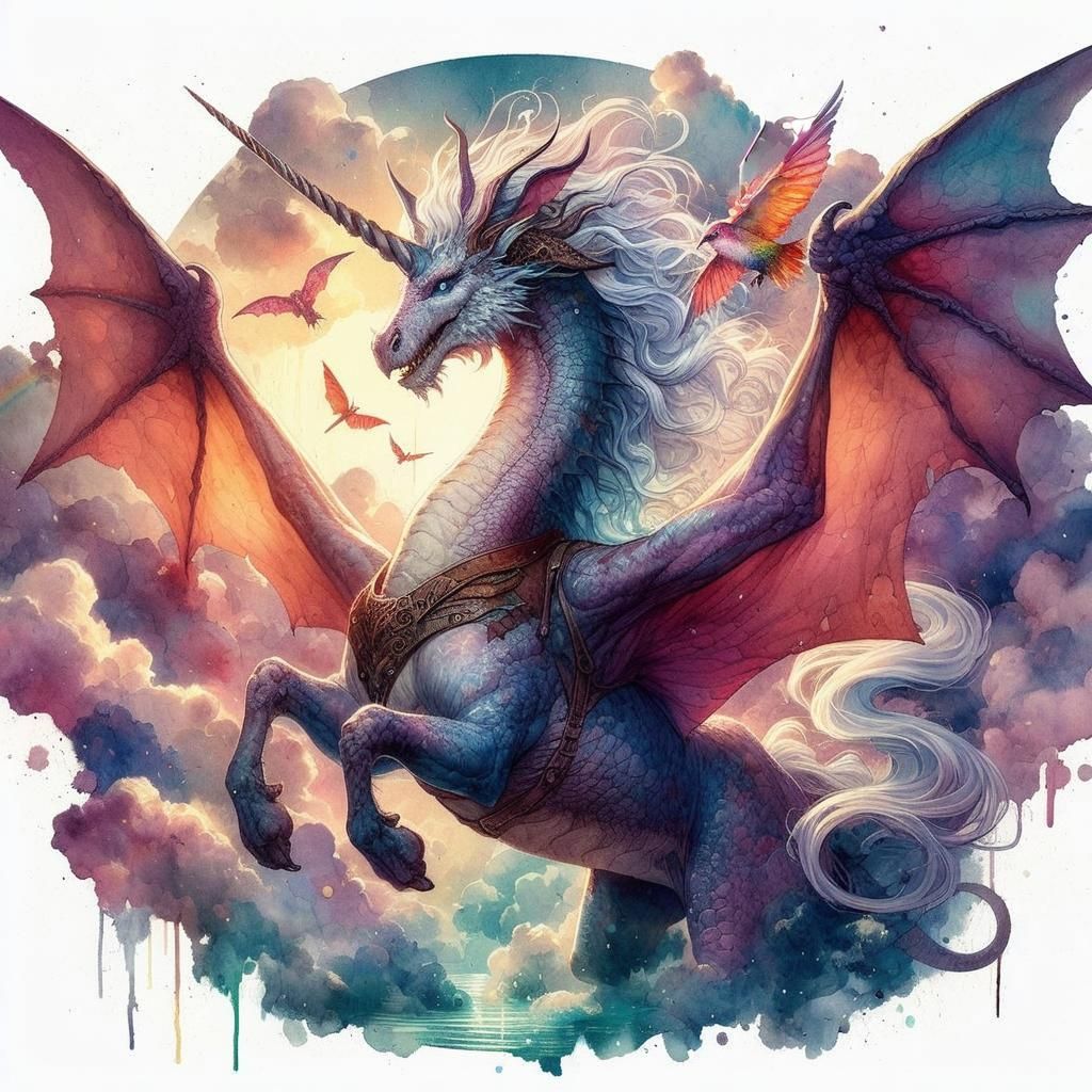 Dragon Riding Unicorn in Watercolor Style
