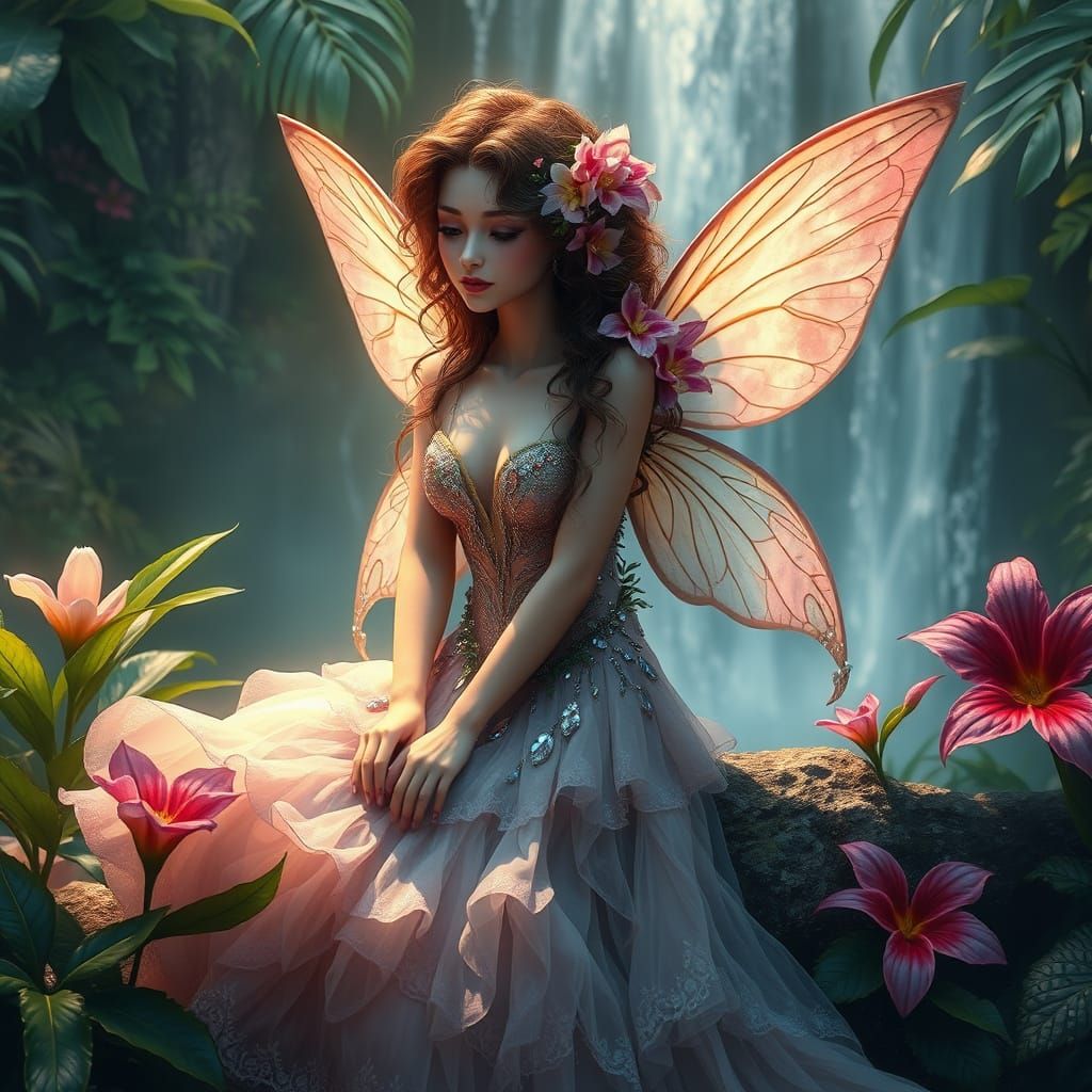 Whimsical Fairy Goddess Beside Enchanted Waterfall