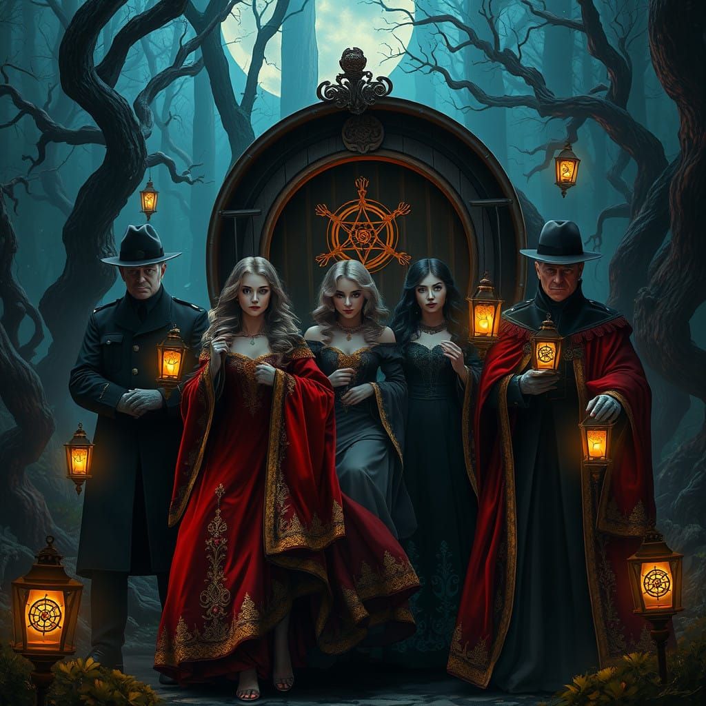 Women in Red Capes Led by Policemen into a Mystical Forest W...