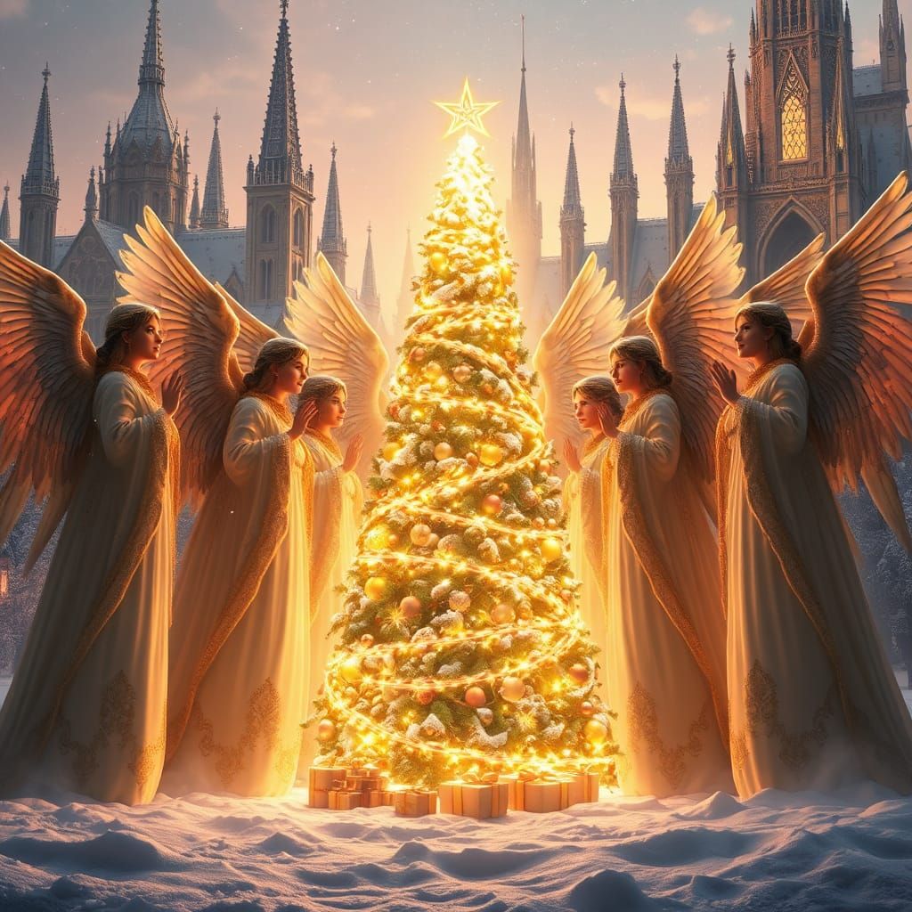 Magical Christmas Angels Sing beneath a Glowing Cityscape in...