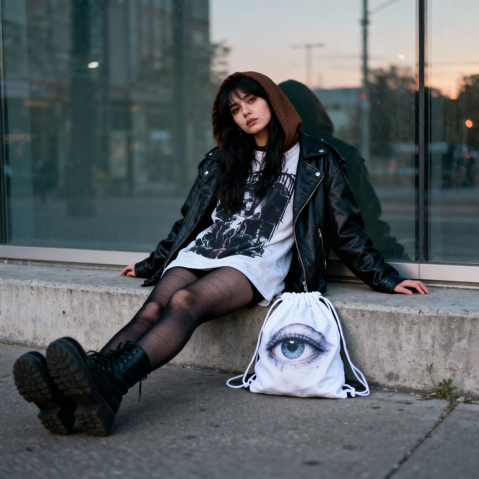 Woman in Grunge Style Posing on Urban Ledge