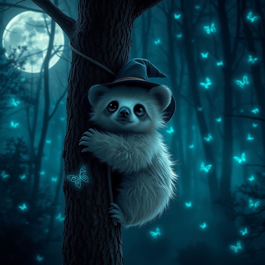 Sloth Bear Witch in Mystical Forest, Photorealistic Style