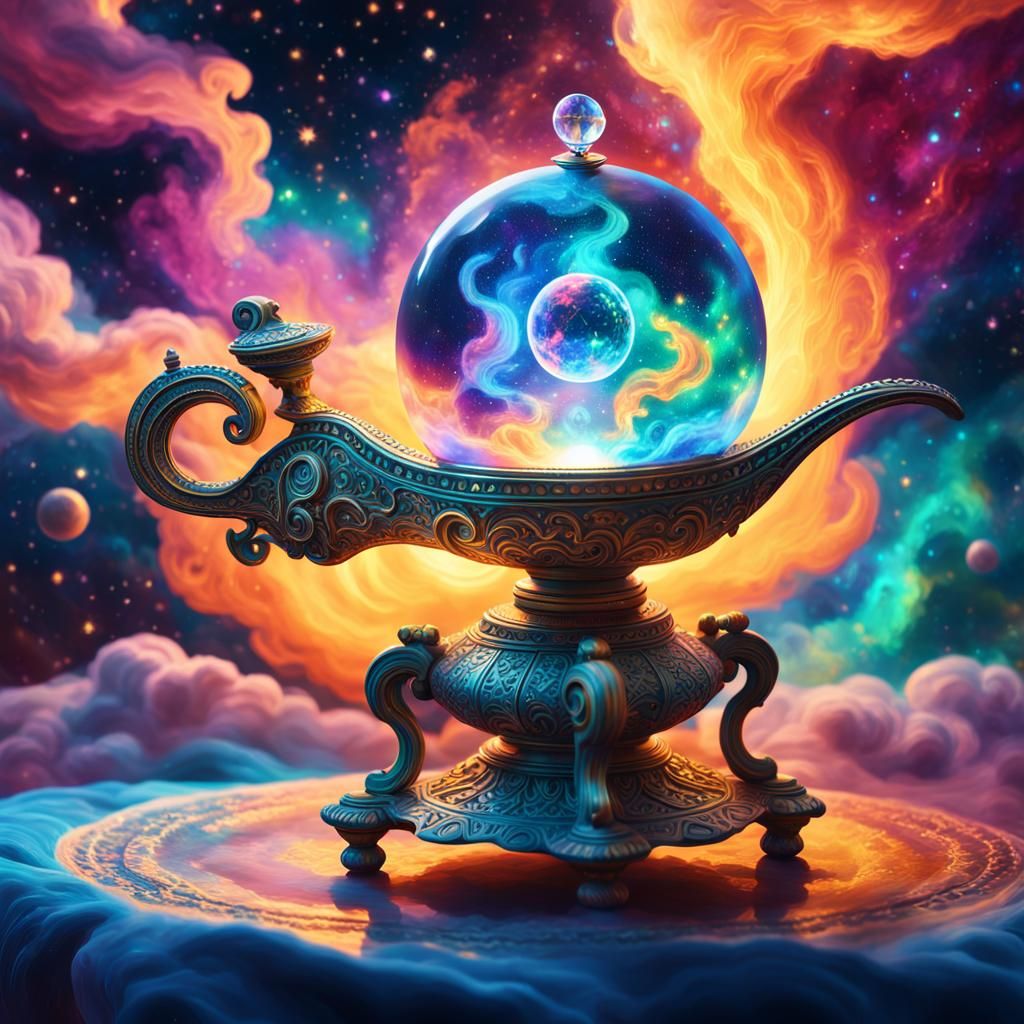 Astral Aladdin's Lamp and Crystal Ball in Cosmic Nebula