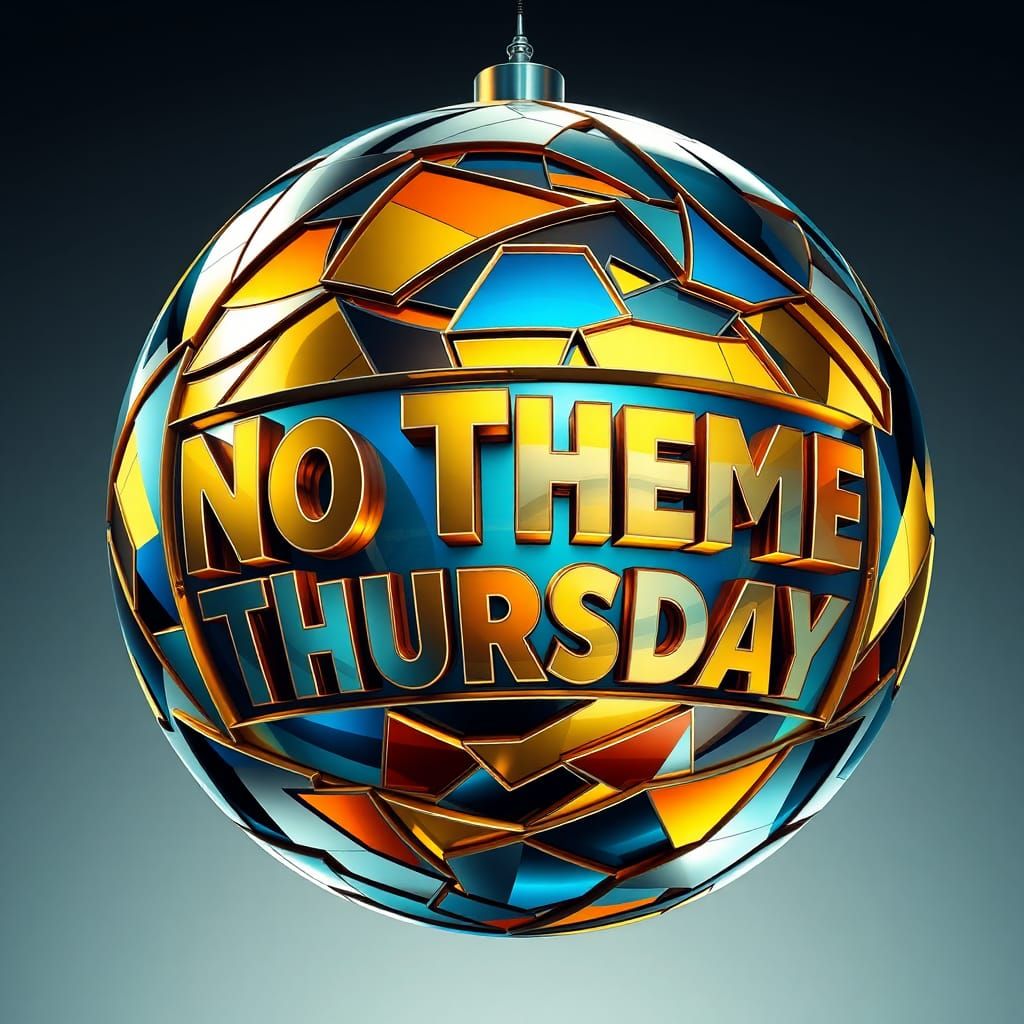 Metallic Orb Displaying 'No Theme Thursday' in Cubist Art De...