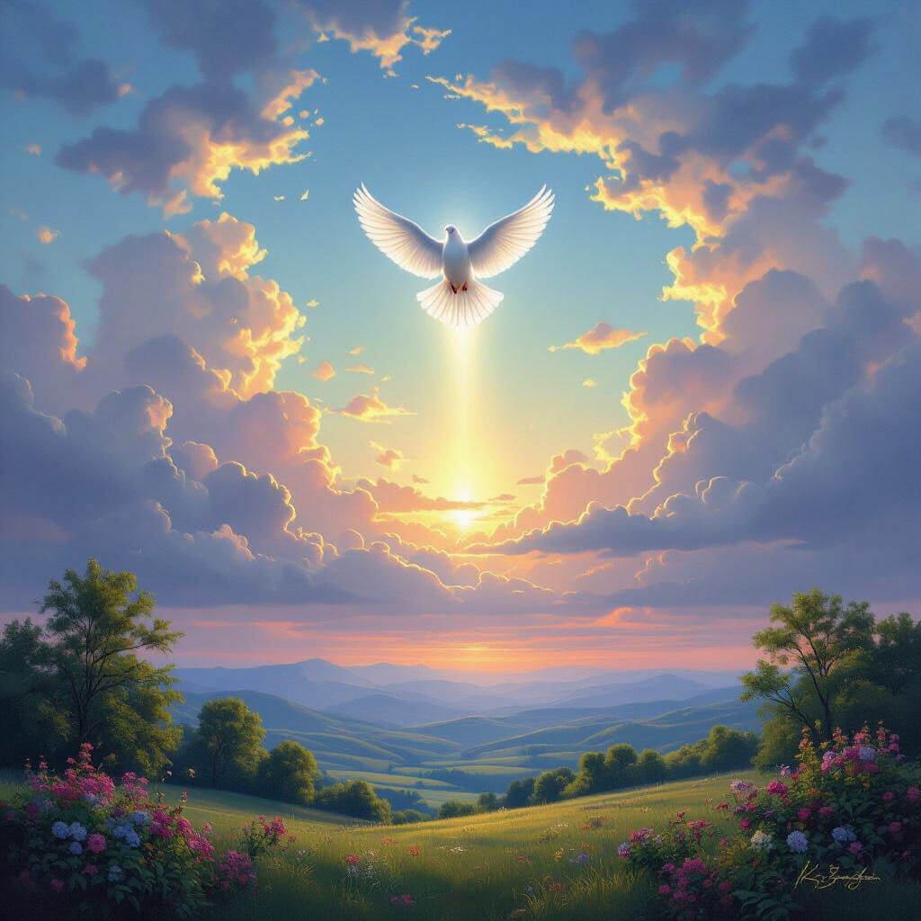 American Landscape with Holy Spirit in Kinkade Style