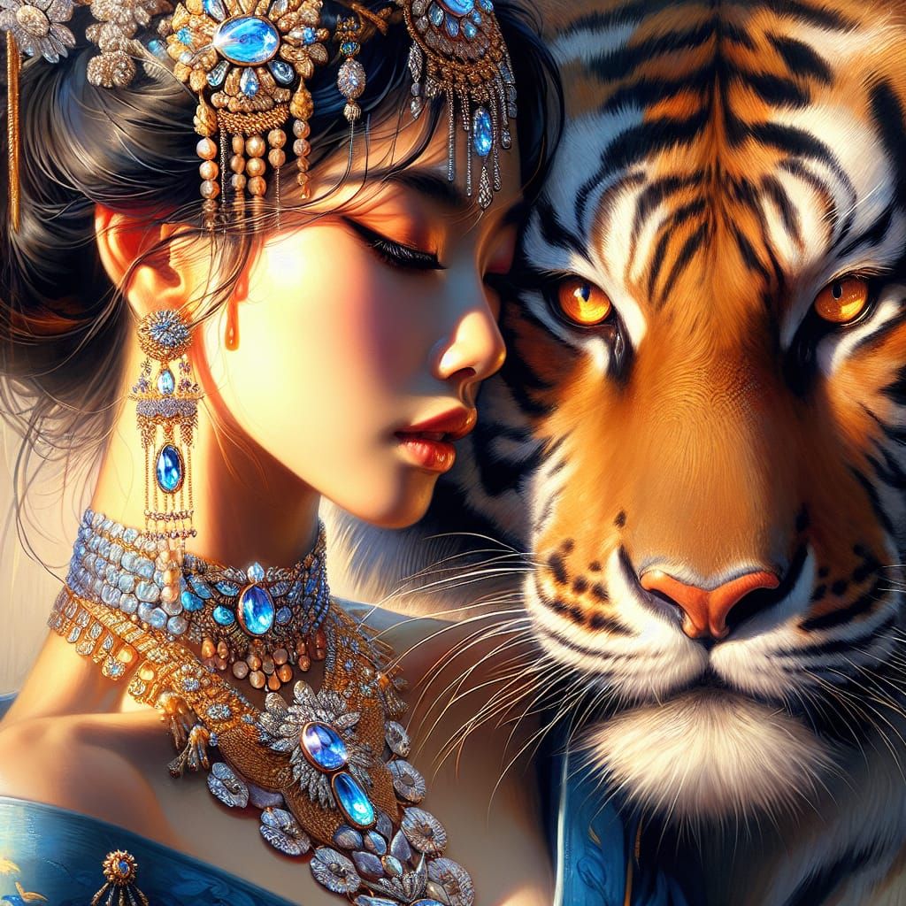 East Asian Woman and Tiger in Oil Painting Style