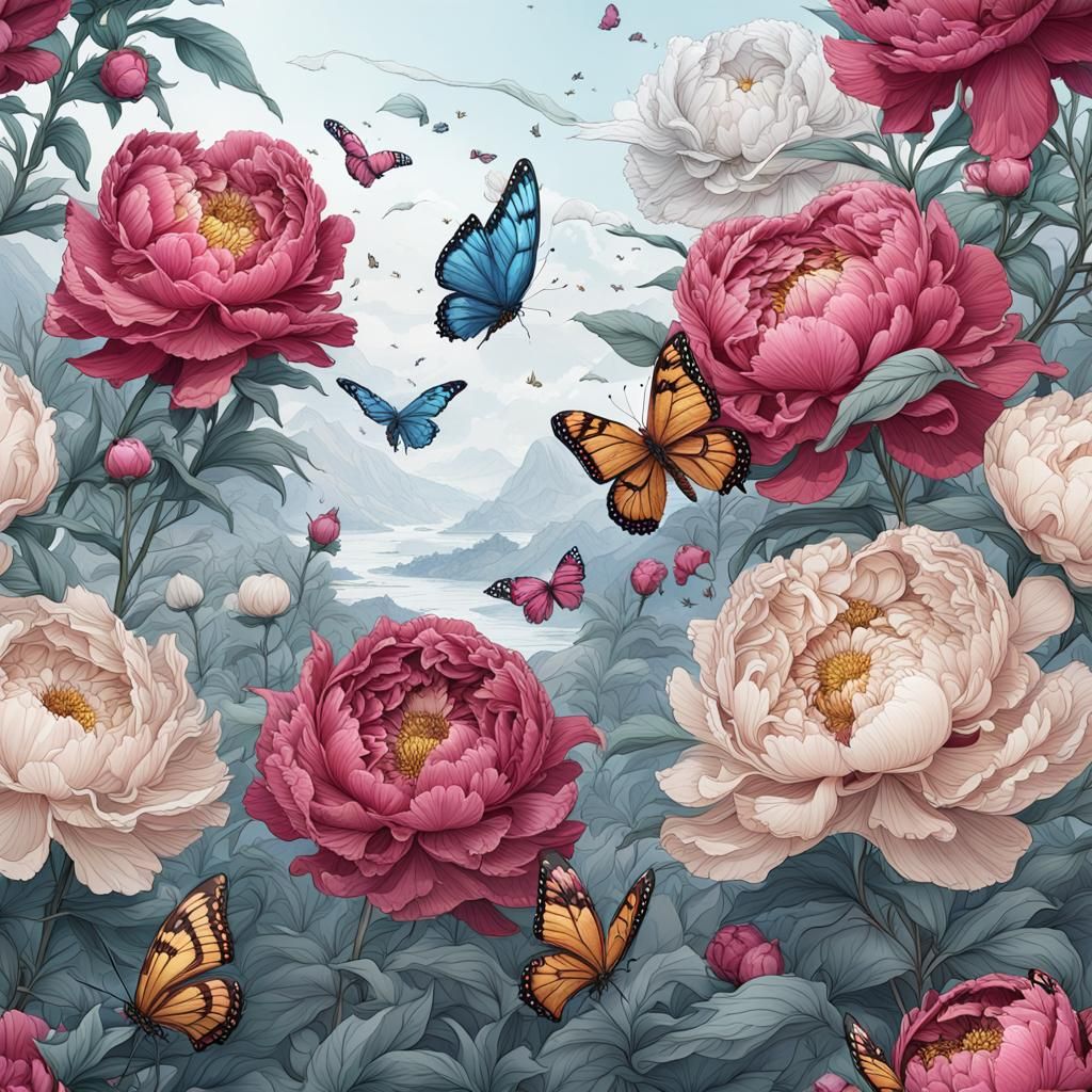 Peonies, Butterflies, and Birds in Detailed Line Art