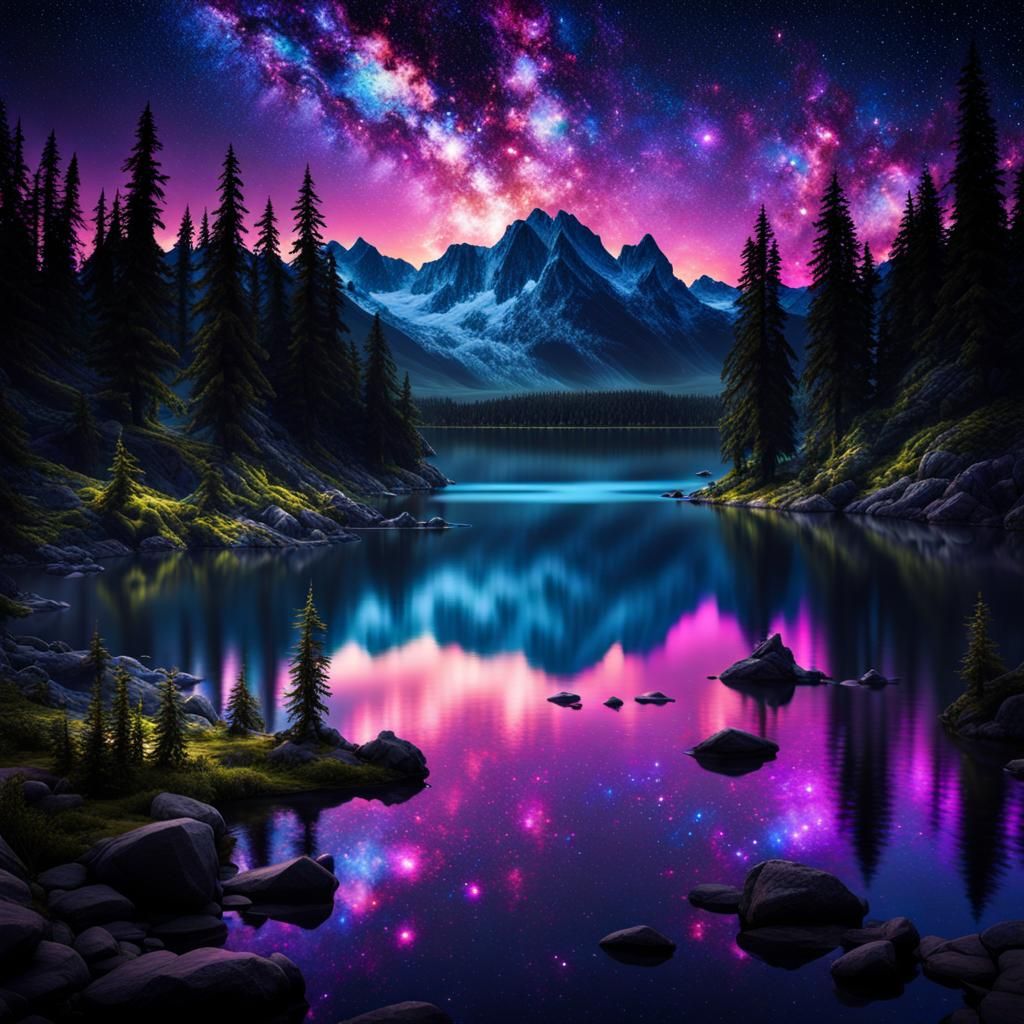 Glowing Glitter Lake in Fantasy Night Landscape