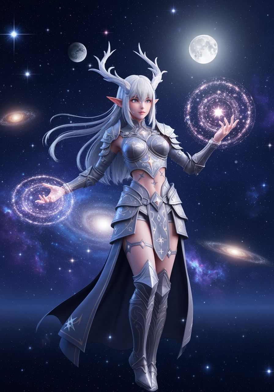 Elven Star Mage Casting Spell Under Cosmic Sky