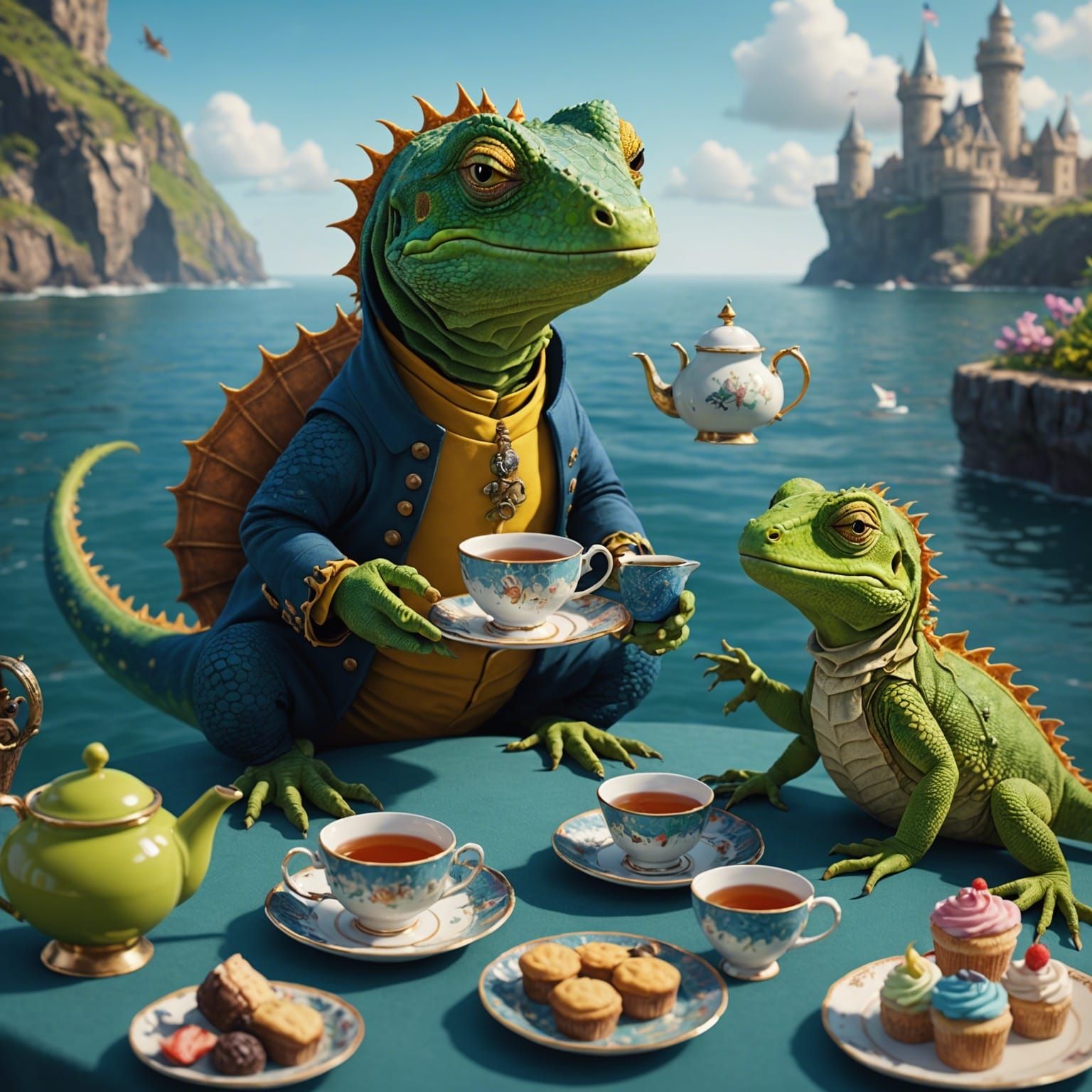 Lizard's Ocean Tea Party: Detailed Matte Painting
