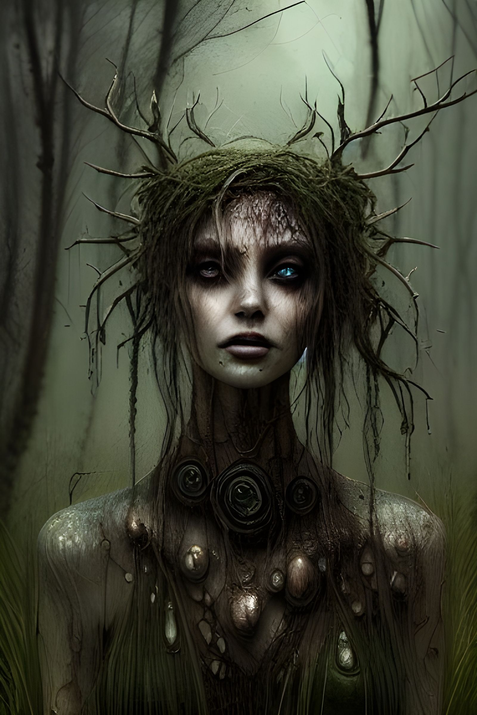 Eerie Swamp Witch Portrait in Hyper-Realistic Style