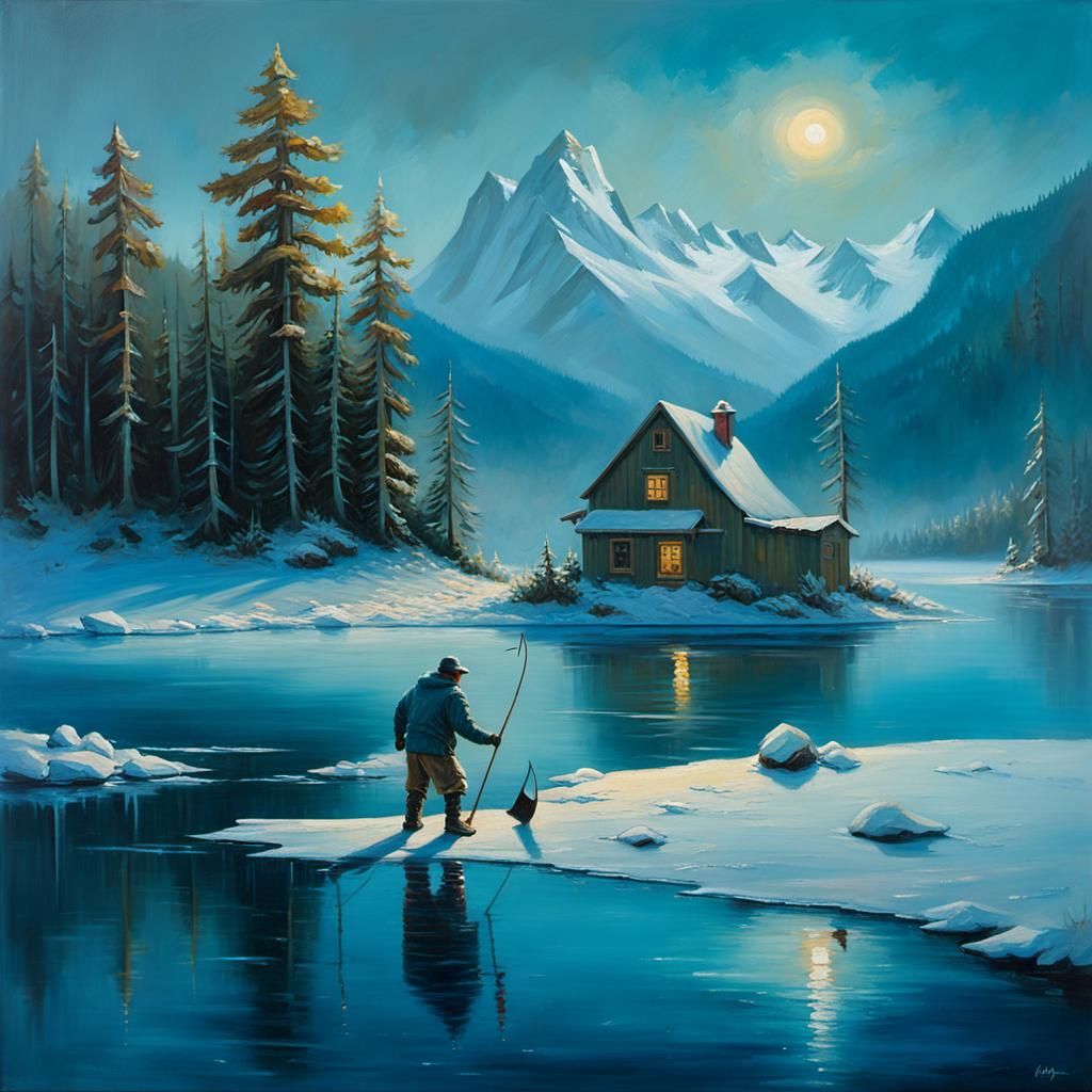 Fisherman Breaking Ice on Frozen Lake as Oil Painting