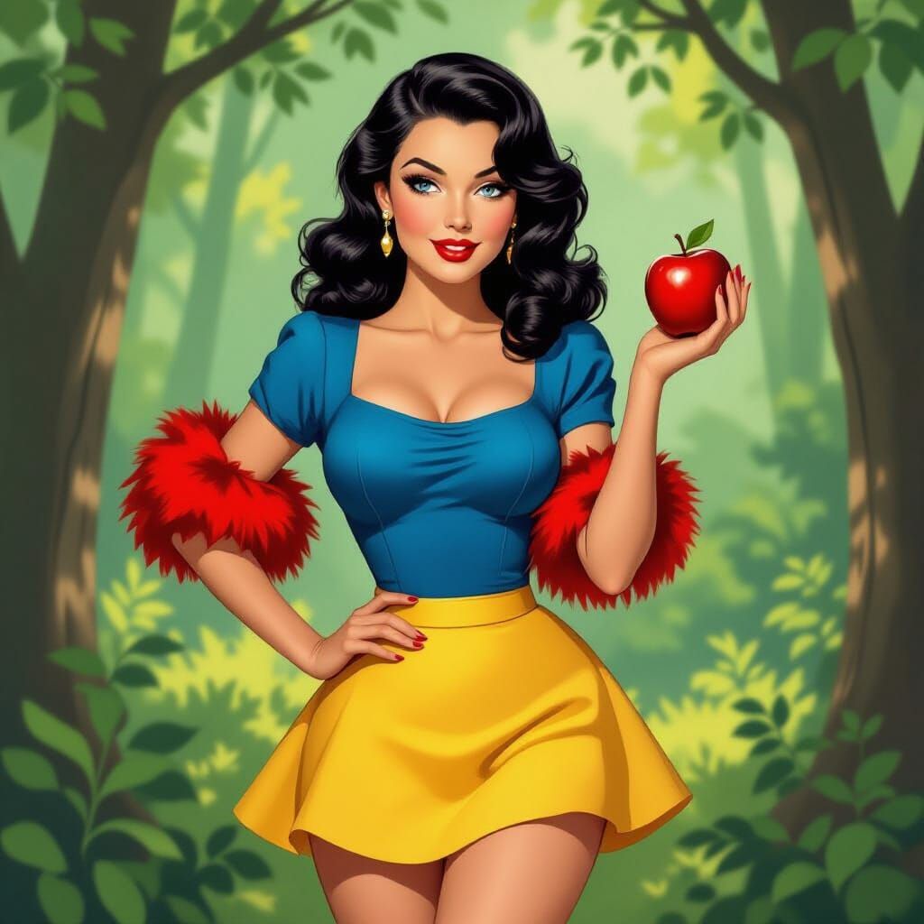 Vintage Pin-Up Girl in Forest with Apple
