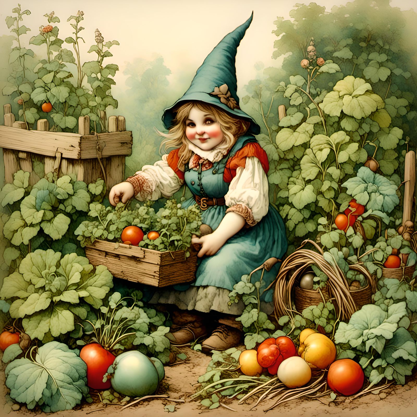 Beardless female gnome working in her vegetable garden in th...