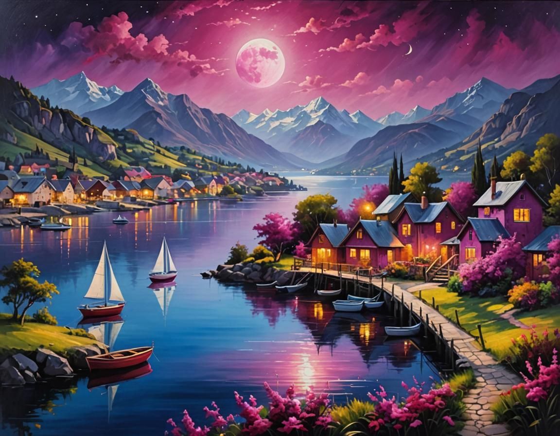 Magenta Moonlit Serene Nightscape as Oil Painting