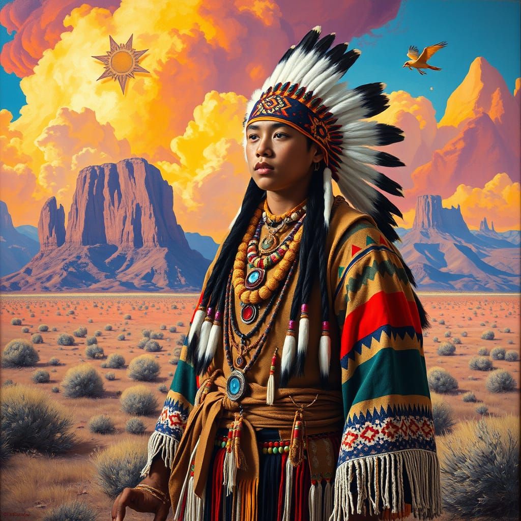 Navajo Youth in Surreal Landscape, Native American Pop Art