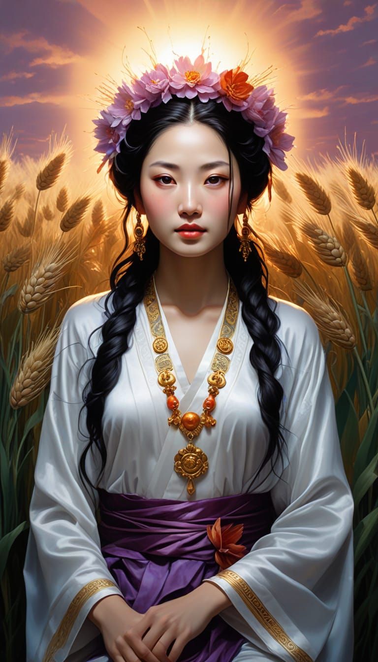 Vibrant Oil Portrait of Guanyin in a Field of Wheat