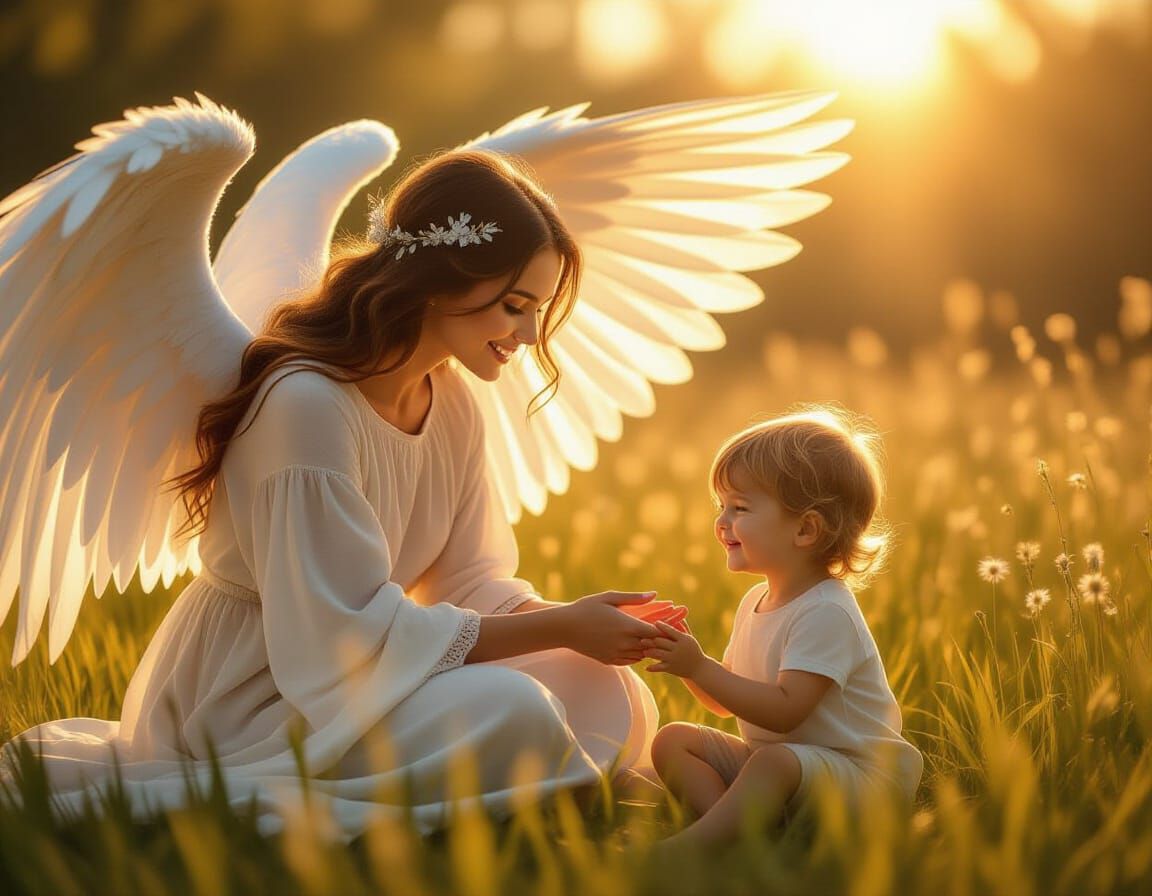 Benevolent Angel Guards Child in Sunlit Meadow