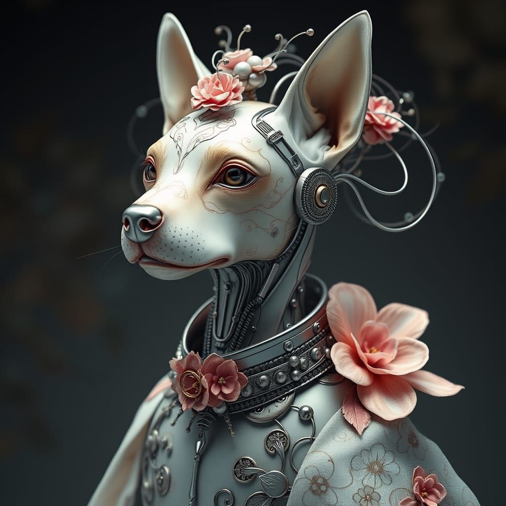 Cyborg Dog with Floral Etchings in Futuristic Style