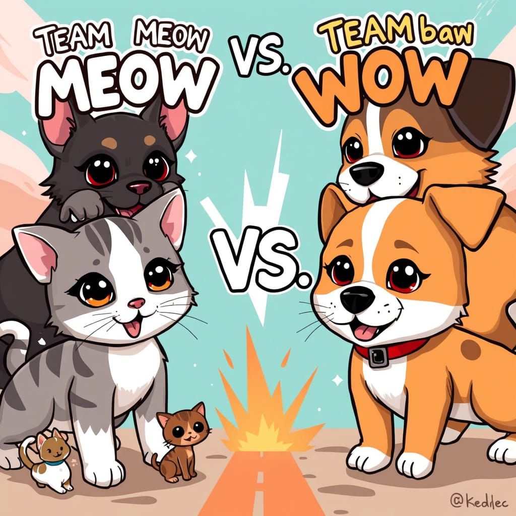Chibi Cartoon Showdown: Adorable Kitten vs Puppies in Vibran...