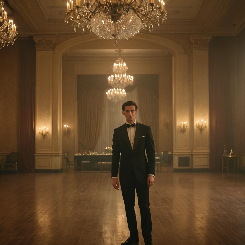 Elegant Young Man in Tuxedo in Ballroom