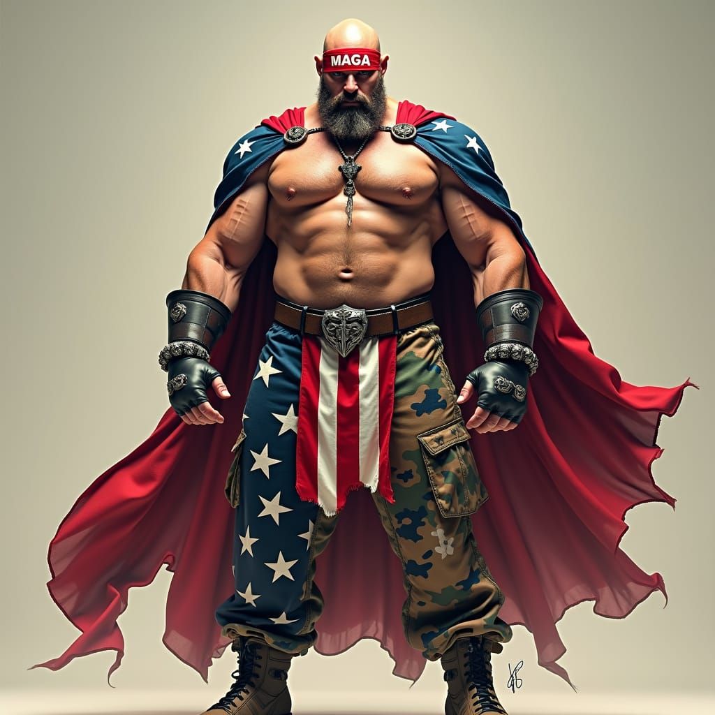 Muscular Warrior with American Flag Cape and Camo