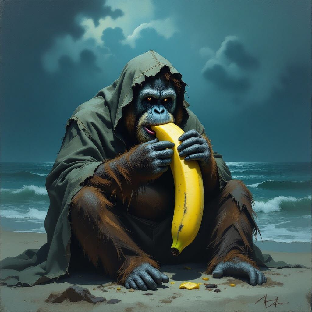 Eerie Orangutan Feast by the Sea in Rutkowski Style