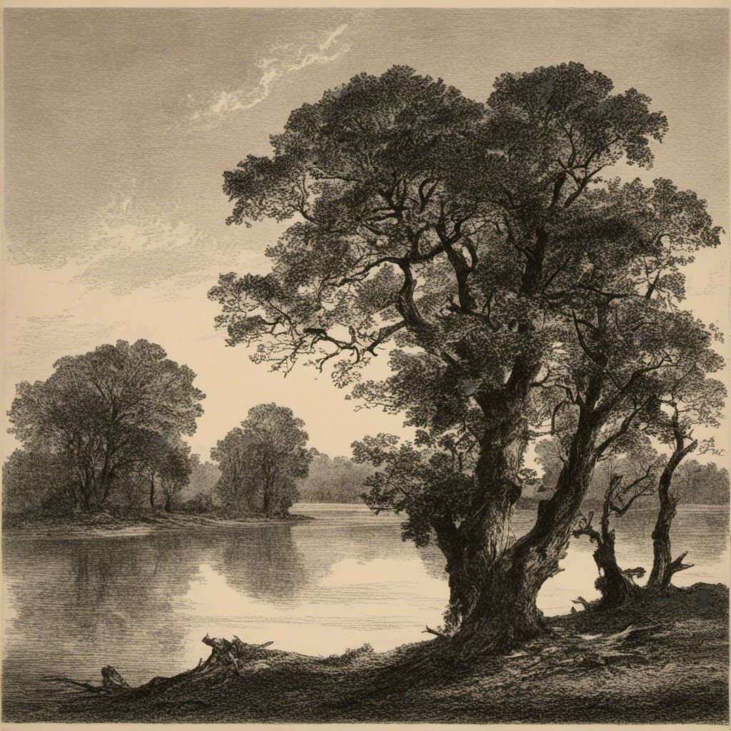Lake Landscape with Oak Trees as Etching