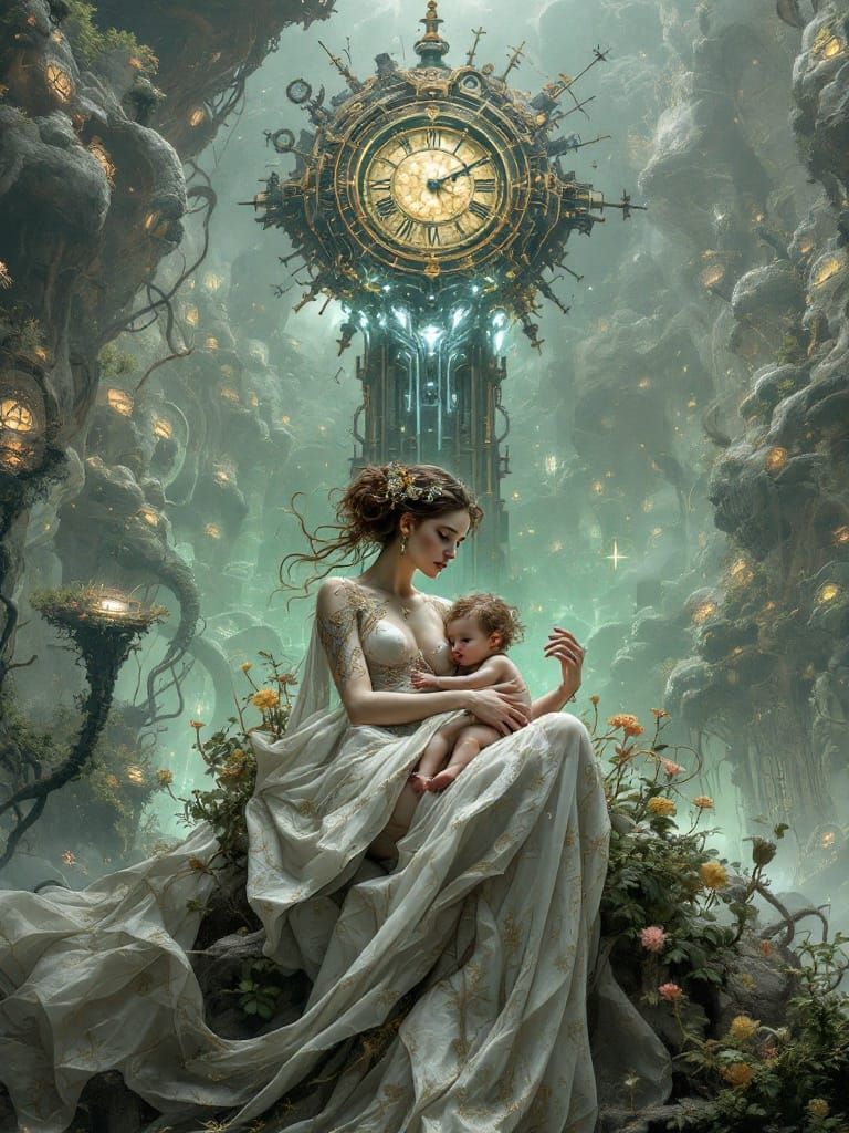 Mother's Cyberpunk Sanctuary in Art Nouveau Splendor