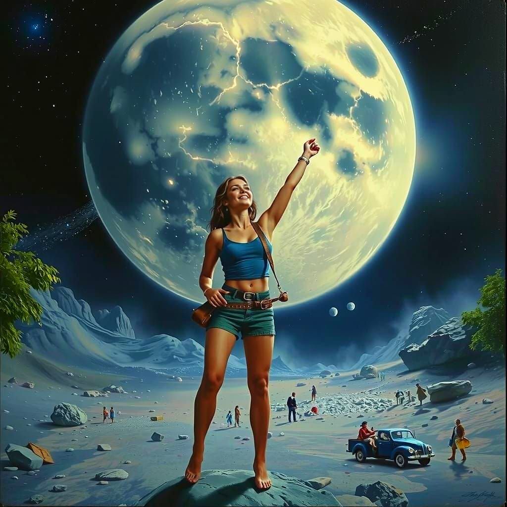 Excited Woman on Moon in Oil Painting Style