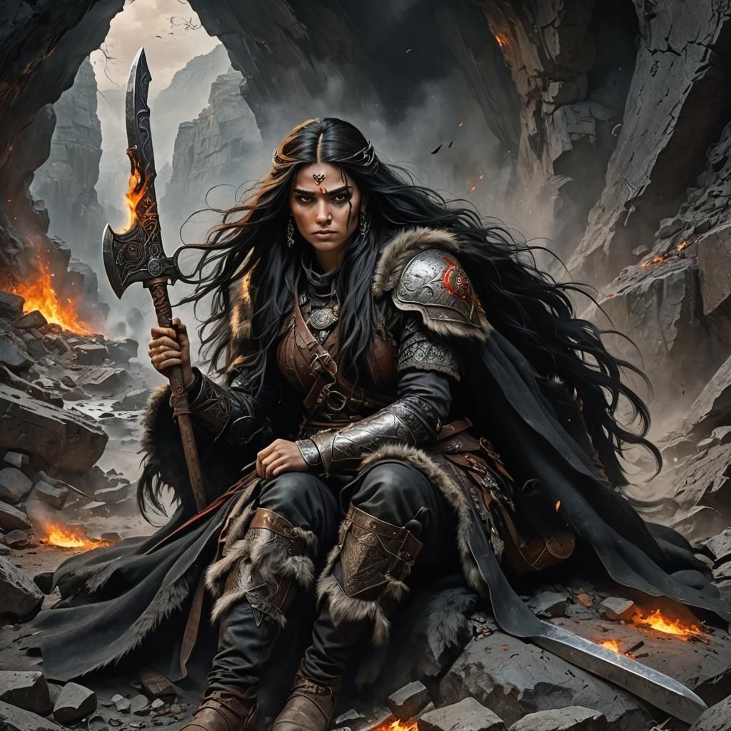 Visualize a Turkish woman of unyielding character, clad in V...