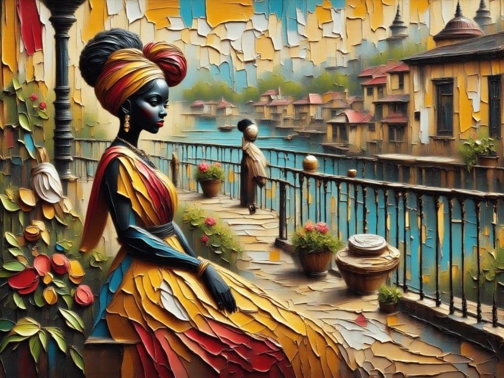 Elegant Woman in Parisian Cafe, Impasto Style