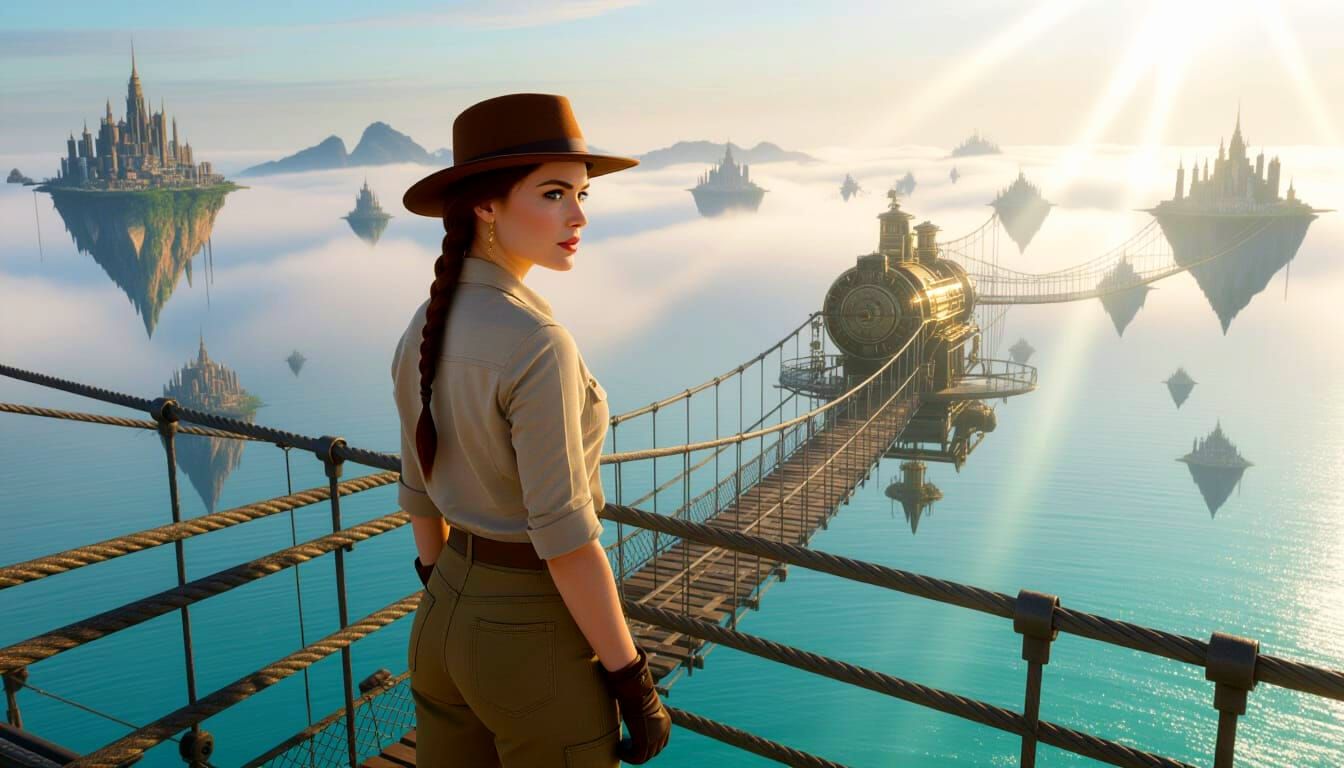 Woman on Suspension Bridge in Foggy Skyworld