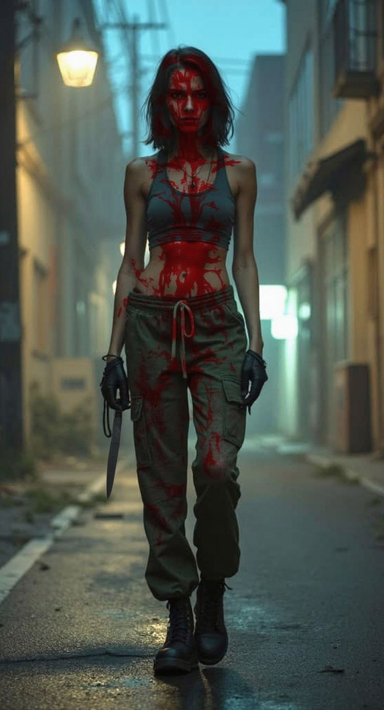 Dystopian Woman in Empty Street, Cinematic Style