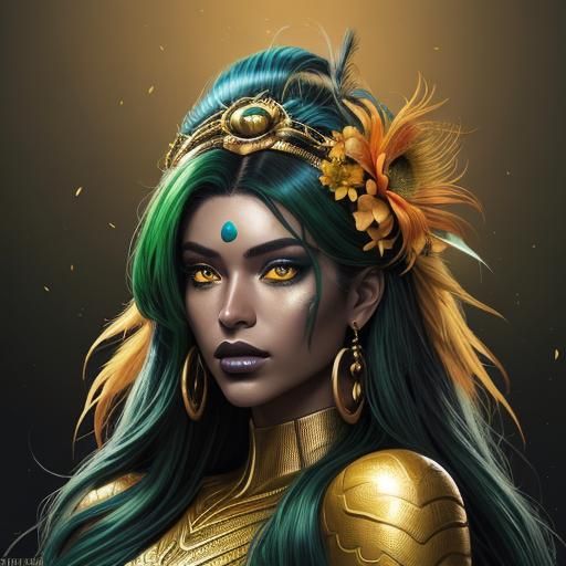 Golden Woman with Peacock Hair, Comic Book Art