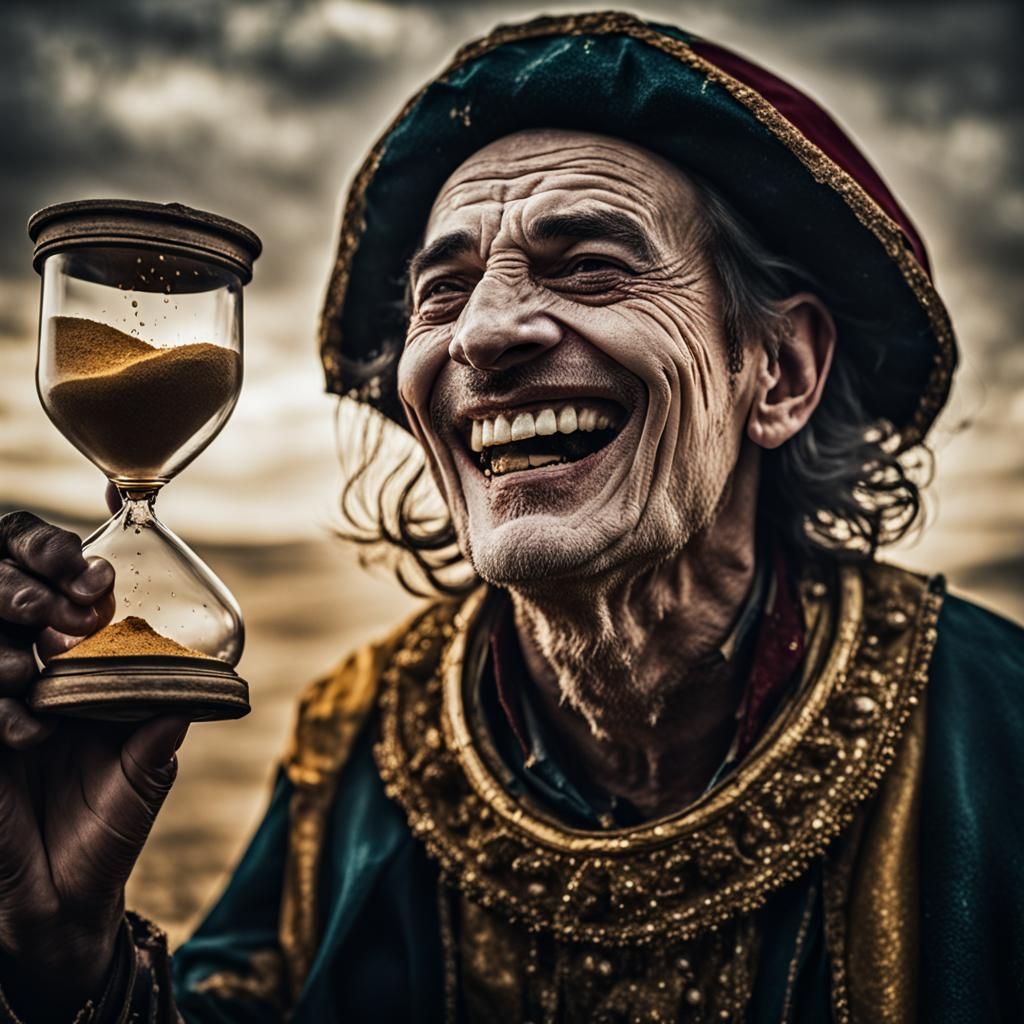 Laughing Jester Holds Golden Hourglass Portrait