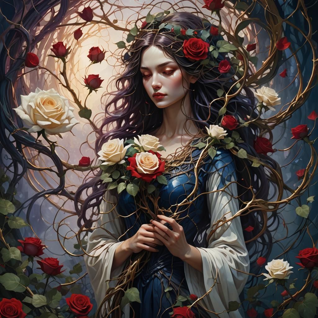 Surreal Woman with Rose in Thorny Vines