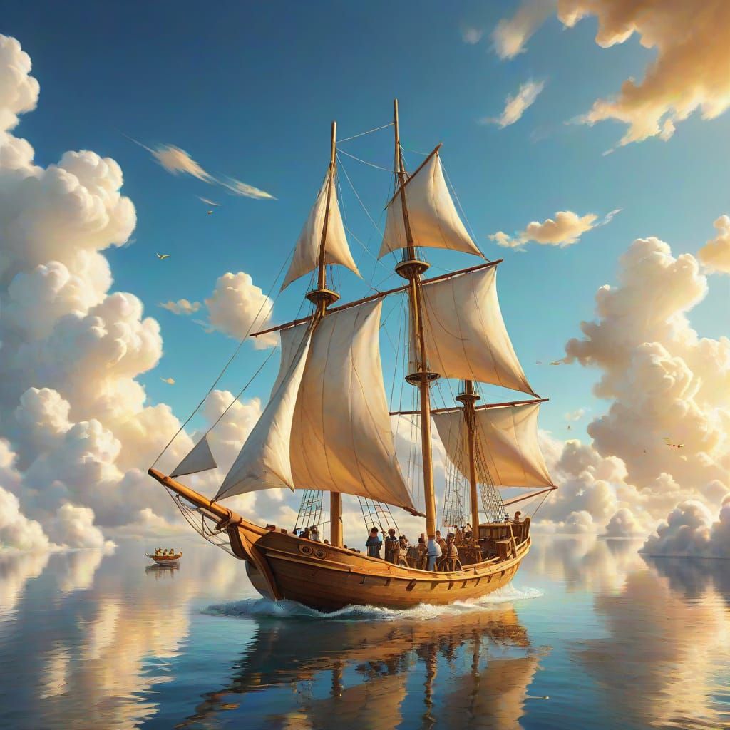 Wooden Sailboat Soars Through Whimsical Skies in Fantasy Art