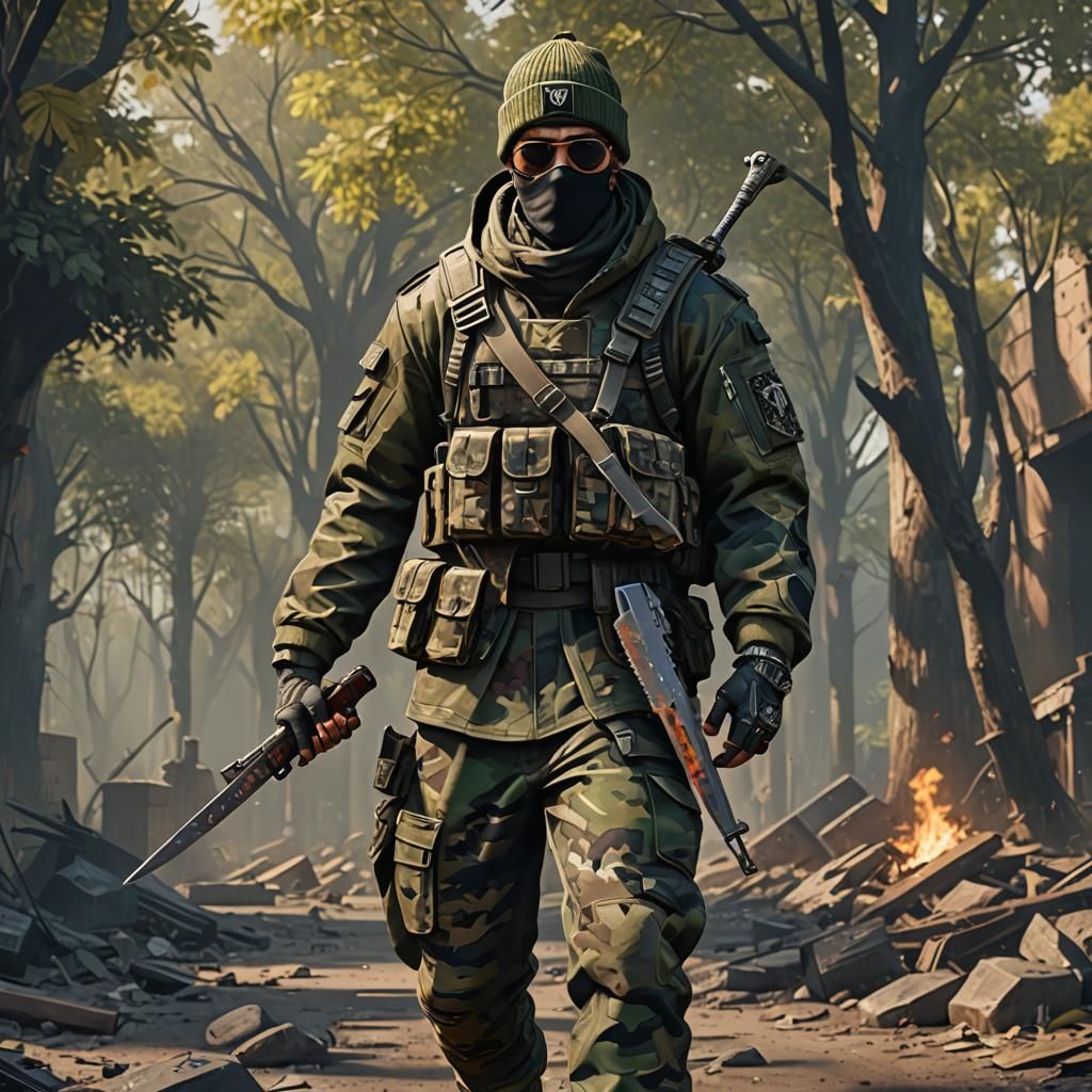 Villain in Camo with Machete: Detailed Digital Art