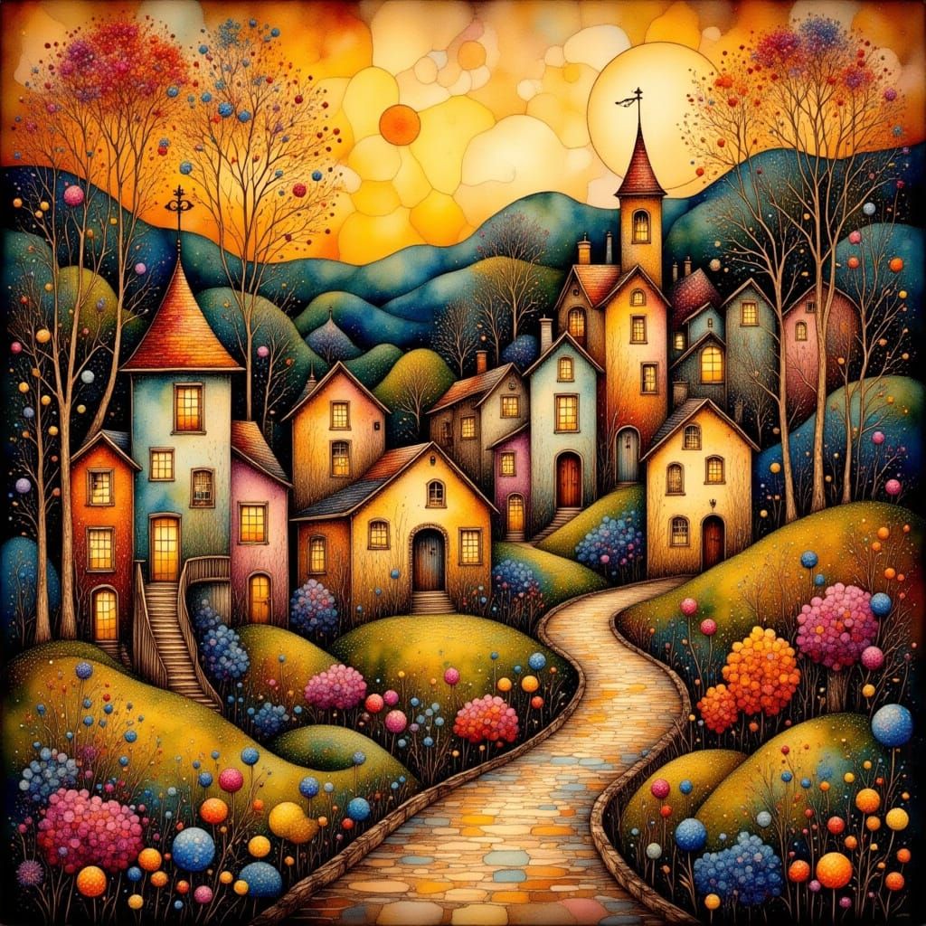 Village Scene in Whimsical Art Nouveau Style
