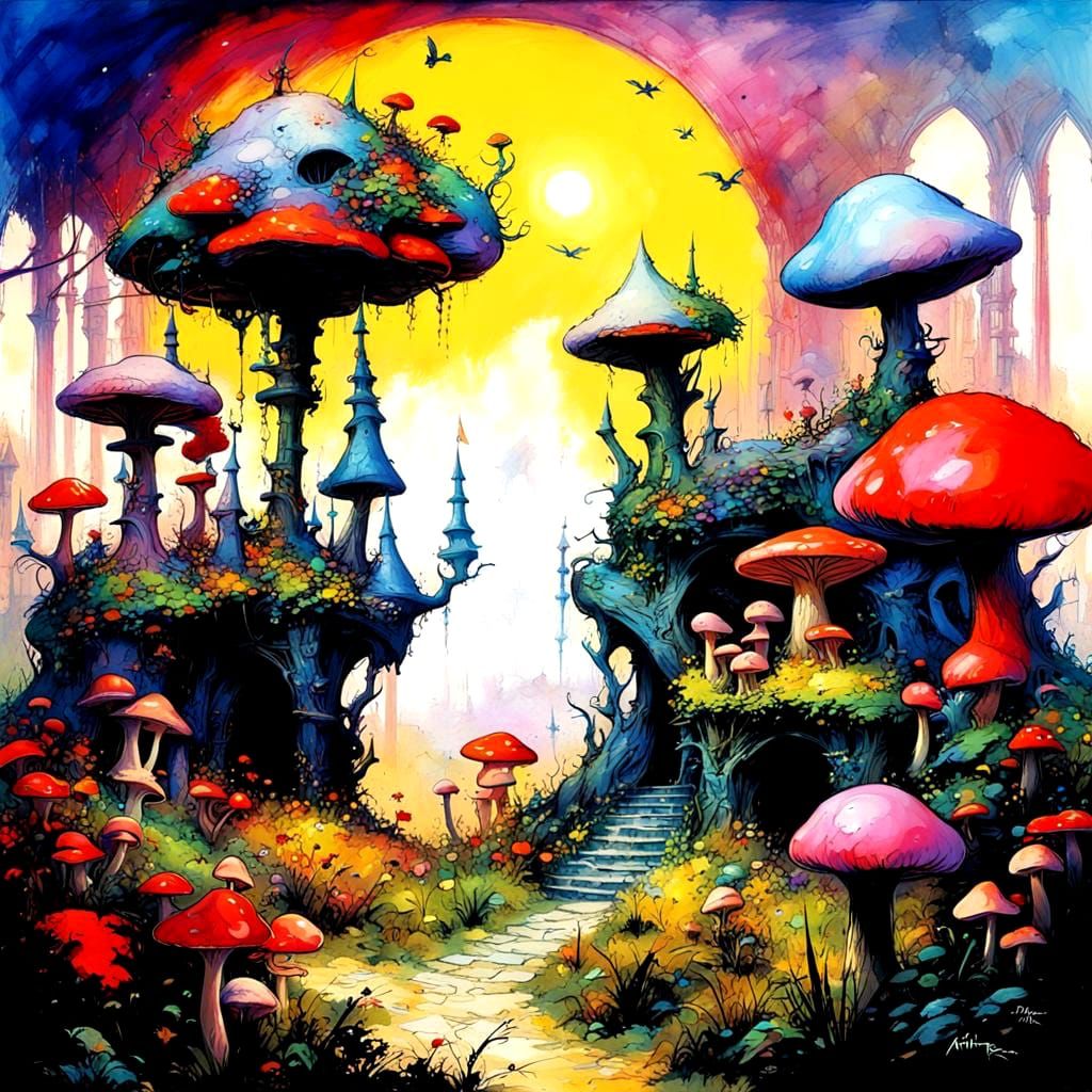 Fantasy castle, fantasy mushroom  forest, detailed fantasy b...
