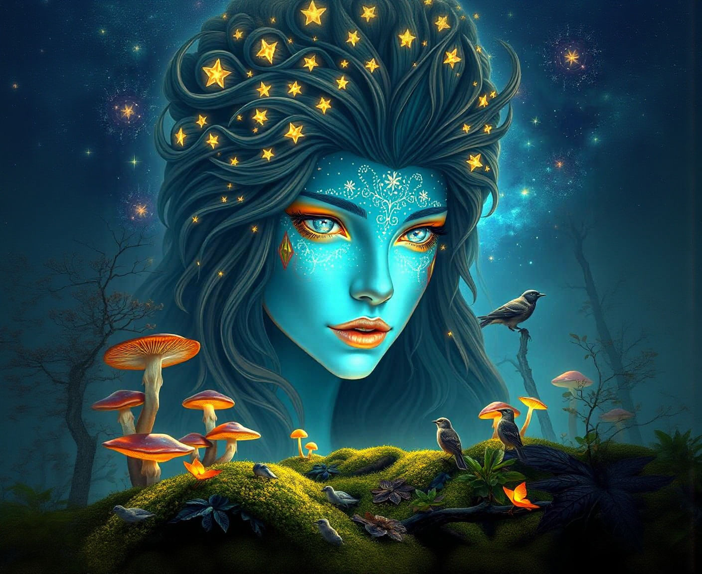 Bioluminescent Starlight Woman Overlooks Glowing Mushroom Fo...