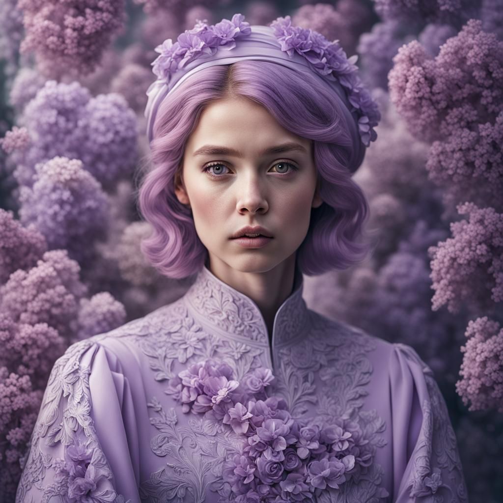 Hyperrealistic Lilac Portrait with Atmospheric Lighting