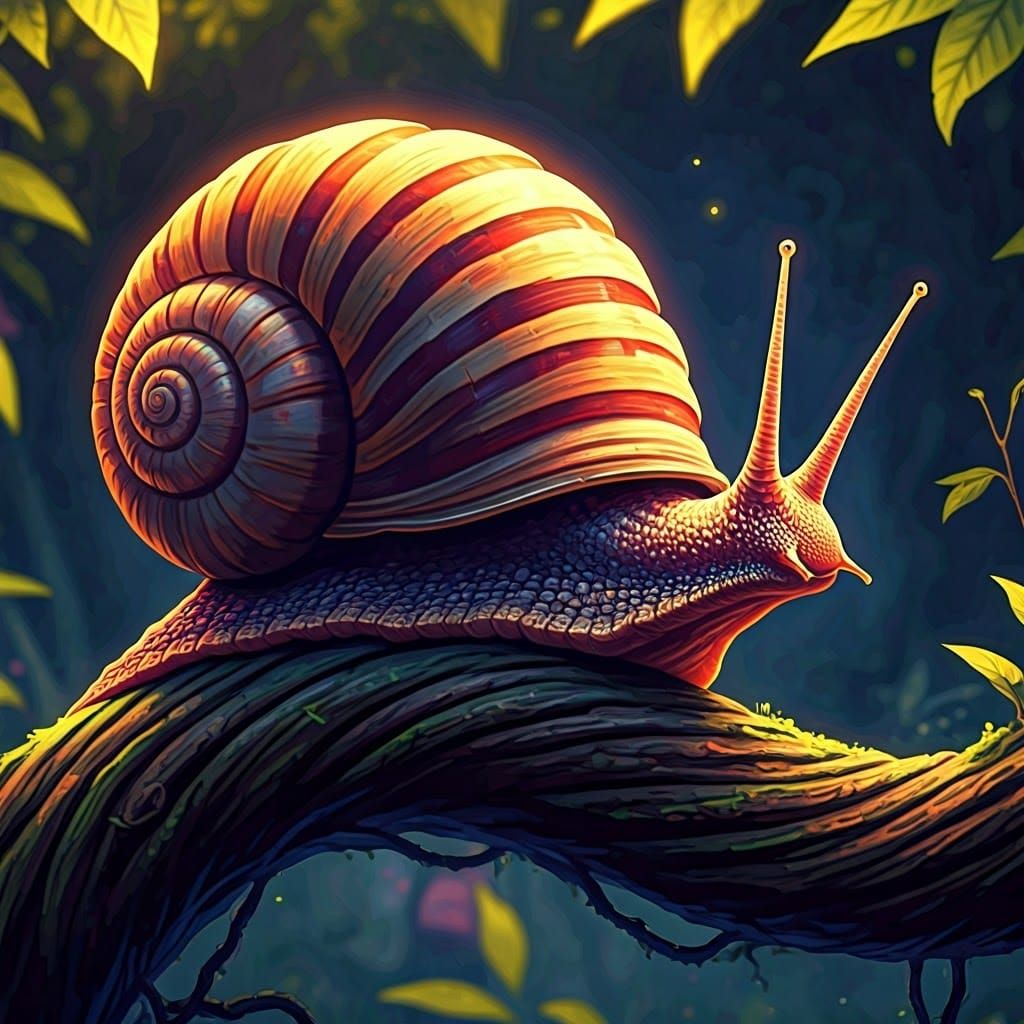Giant Snail on Gnarled Branch in Manga Style