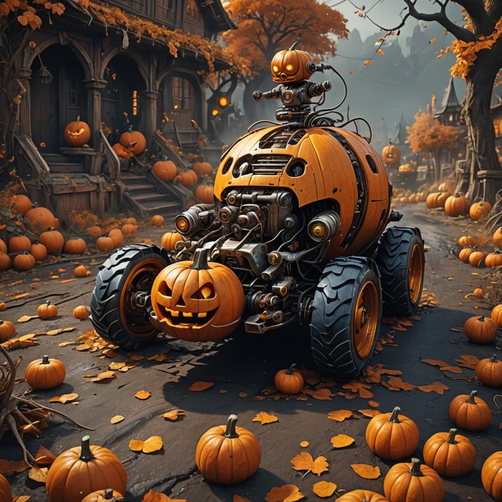 Robot in Pumpkin Car: Detailed Matte Painting